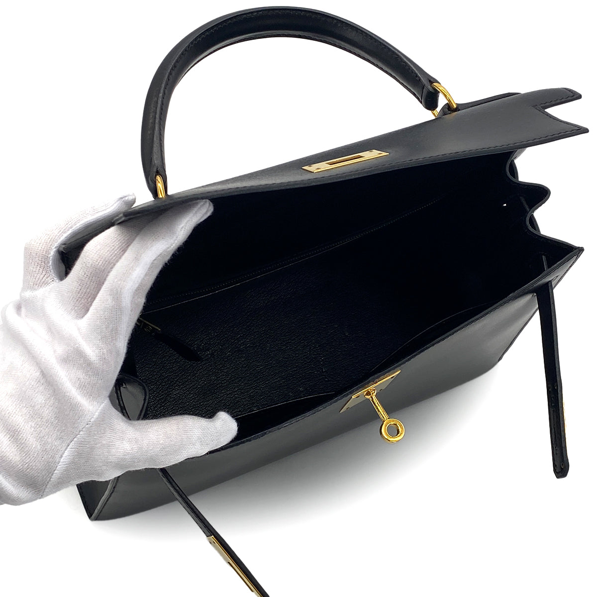 HERMES KELLY 28 SELLIER BLACK BOXCALF HAND SHOULDER BAG □A GHW 90283968