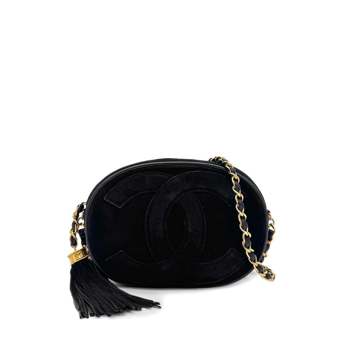 CHANEL VINTAGE FRINGE BIG COCO ROUND CHAIN SHOULDER BAG BLACK SUEDE 90283970
