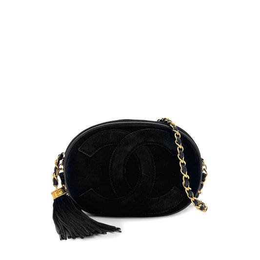 CHANEL VINTAGE FRINGE BIG COCO ROUND CHAIN SHOULDER BAG BLACK SUEDE 90283970