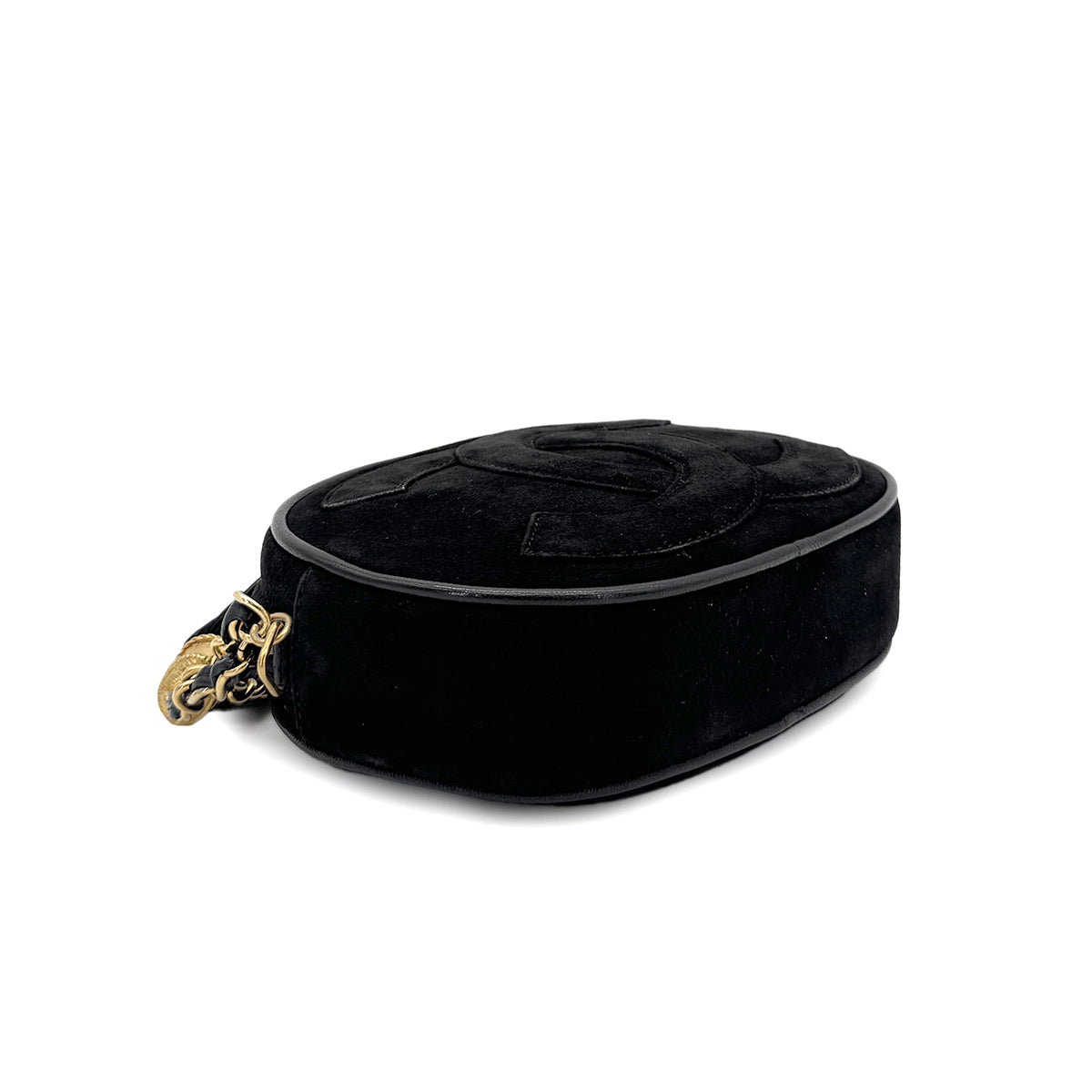 CHANEL VINTAGE FRINGE BIG COCO ROUND CHAIN SHOULDER BAG BLACK SUEDE 90283970