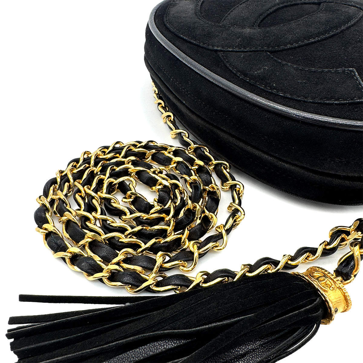 CHANEL VINTAGE FRINGE BIG COCO ROUND CHAIN SHOULDER BAG BLACK SUEDE 90283970