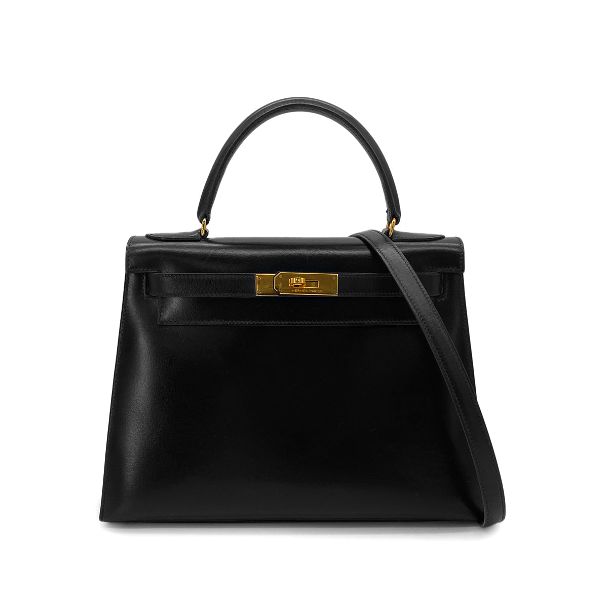 HERMES KELLY 28 SELLIER BLACK BOXCALF HAND SHOULDER BAG 〇Q GHW 90283972