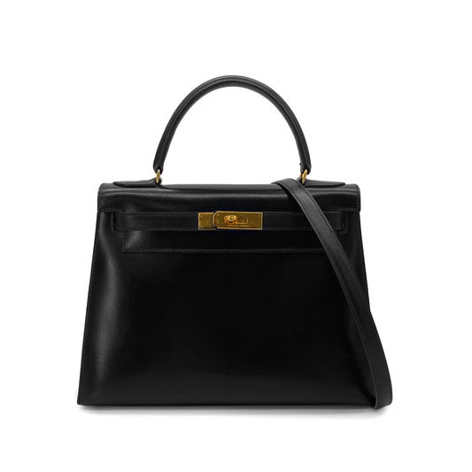 HERMES KELLY 28 SELLIER BLACK BOXCALF HAND SHOULDER BAG 〇Q GHW 90283972