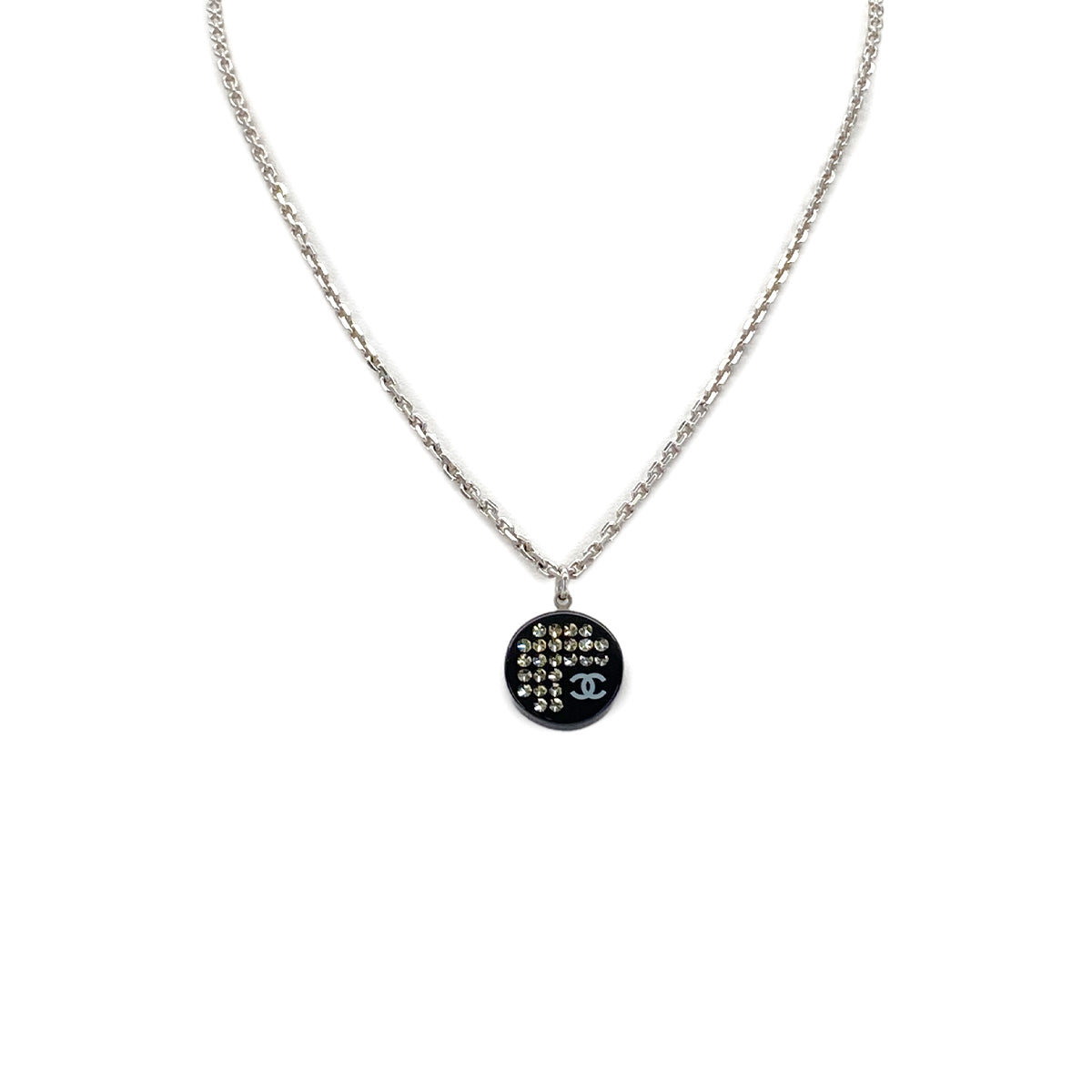 CHANEL NECKLACE COCOMARK RHINESTONE ROUND SILVER BLACK ACCESSORY 05P 90283979