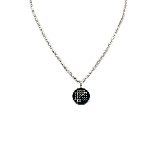 CHANEL NECKLACE COCOMARK RHINESTONE ROUND SILVER BLACK ACCESSORY 05P 90283979