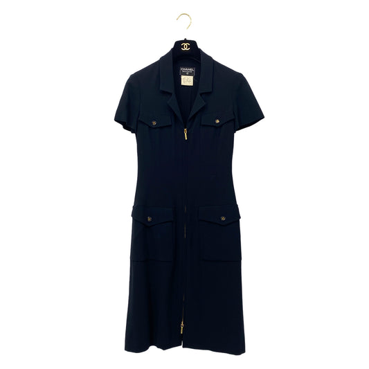 CHANEL COCO BUTTON ZIP DRESS BLACK WOOL 36 95P RTW 90283989