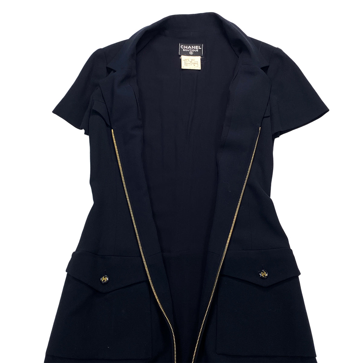 CHANEL COCO BUTTON ZIP DRESS BLACK WOOL 36 95P RTW 90283989