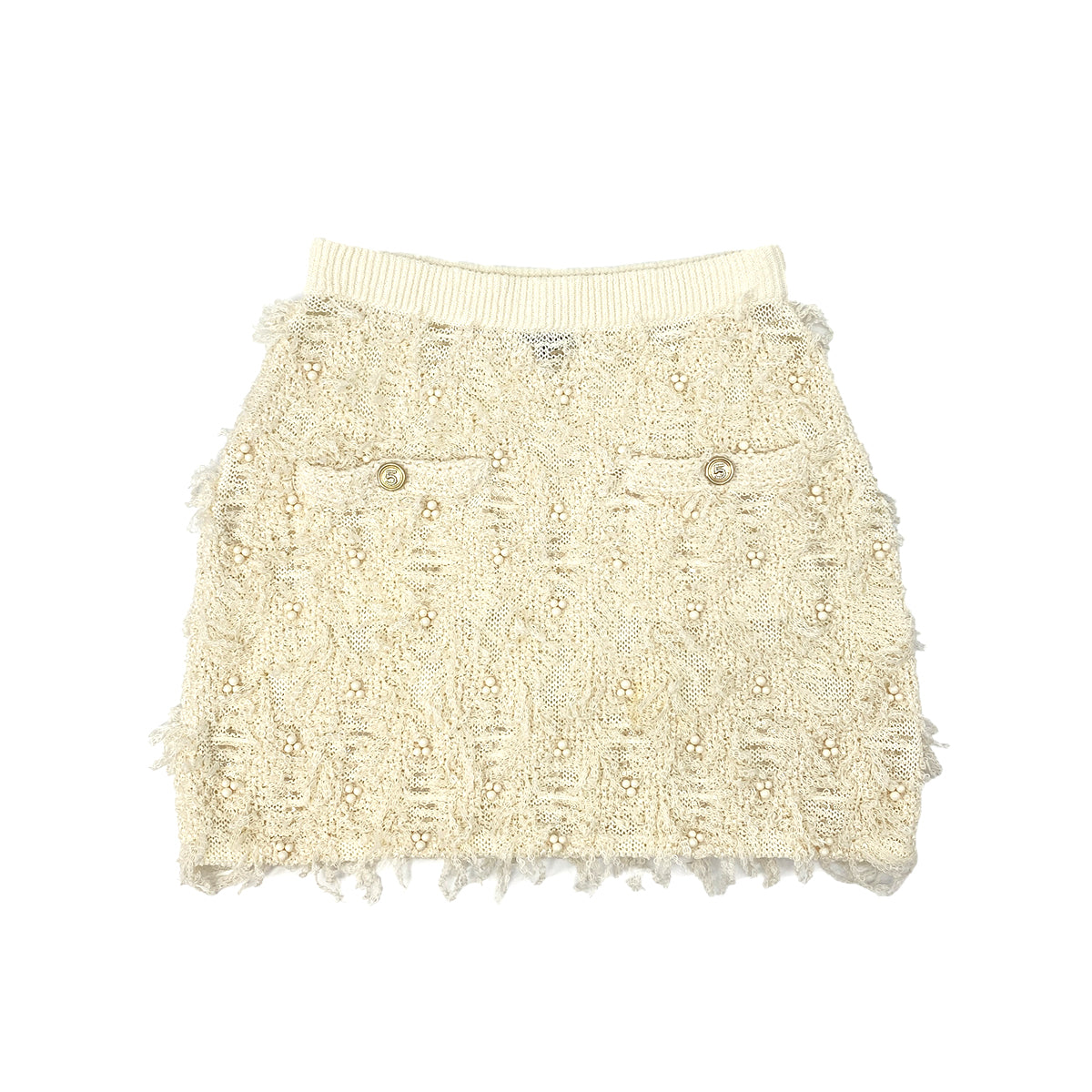 CHANEL VINTAGE NO.5 GOLD BUTTON FRINGE SKIRT IVORY COTTON CHANVRE 38 P70 RTW 90283990
