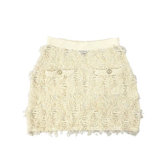 CHANEL VINTAGE NO.5 GOLD BUTTON FRINGE SKIRT IVORY COTTON CHANVRE 38 P70 RTW 90283990