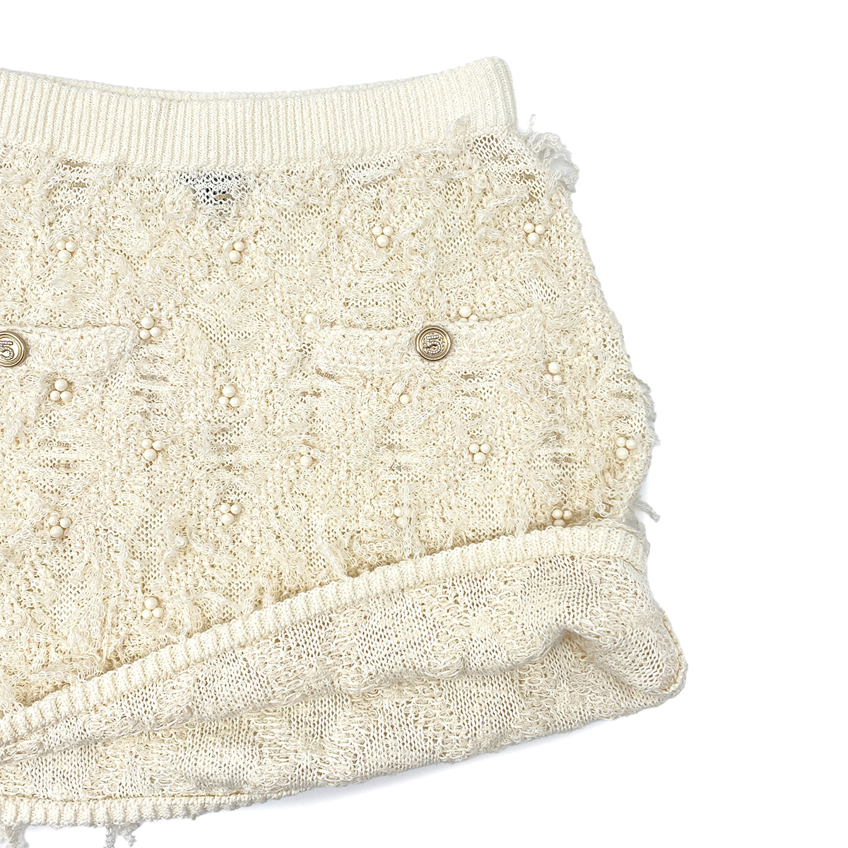 CHANEL VINTAGE NO.5 GOLD BUTTON FRINGE SKIRT IVORY COTTON CHANVRE 38 P70 RTW 90283990