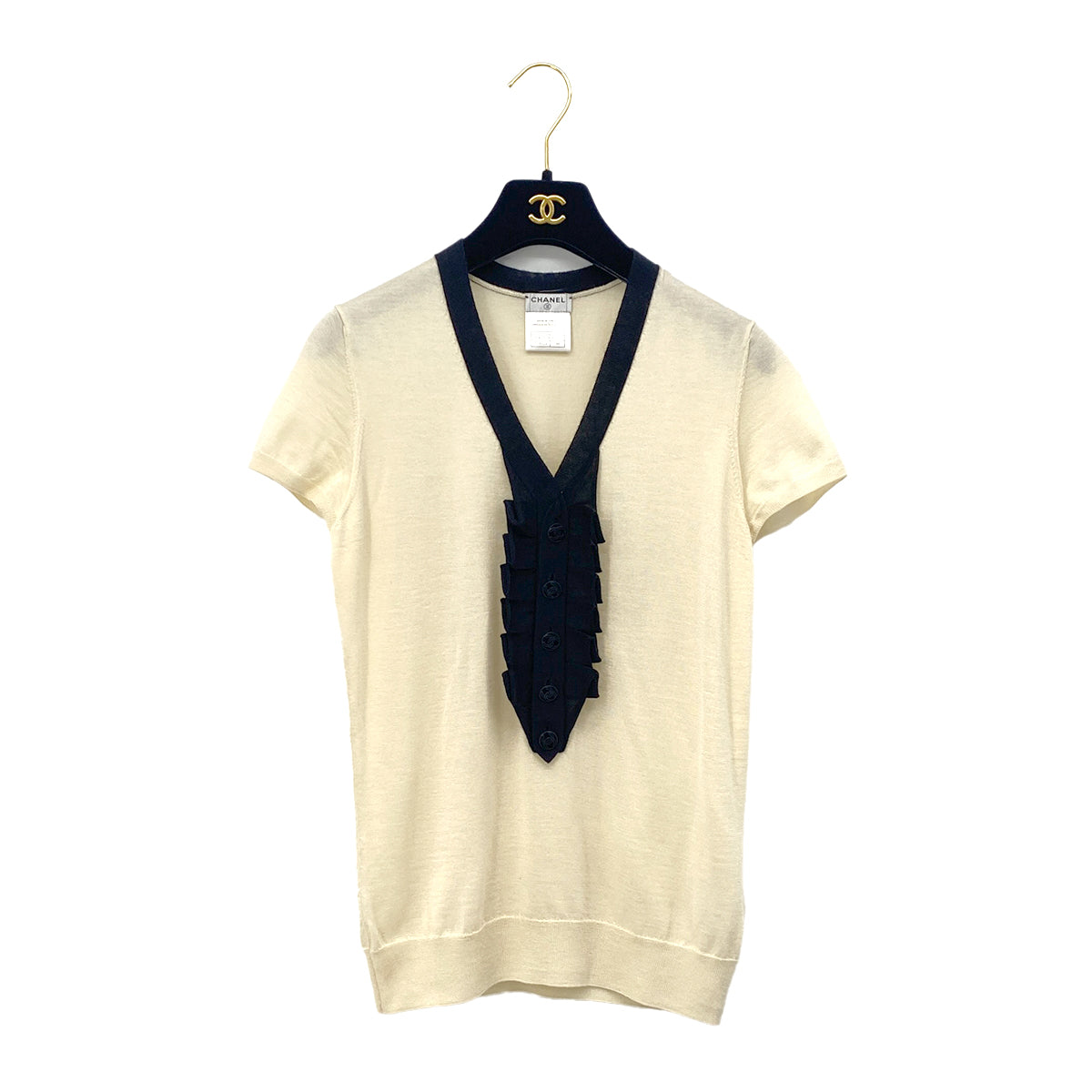 CHANEL COCO BUTTON KNIT TOPS SHORT SLEEVE BEIGE BLACK CASHMERE 38 07C RTW 90283996