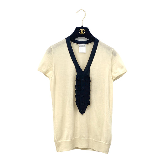 CHANEL COCO BUTTON KNIT TOPS SHORT SLEEVE BEIGE BLACK CASHMERE 38 07C RTW 90283996