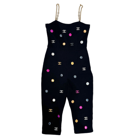 CHANEL OVERALLS COCOMARK RHINESTONE RUNWAY BLACK 34 P71 RTW 90283997