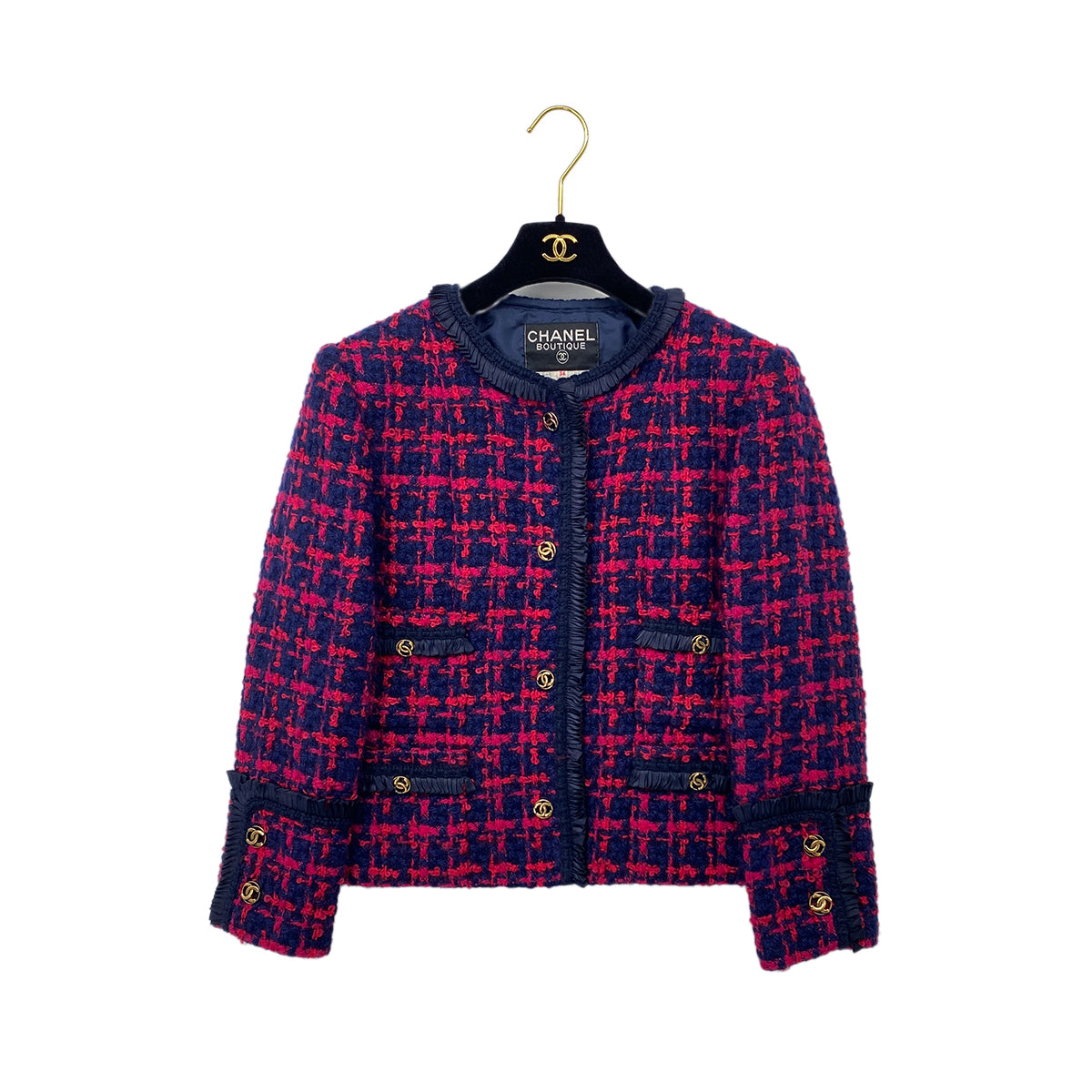 CHANEL VINTAGE JACKET SKIRT SET COCO BUTTON RED TWEED 34 RTW 90284001