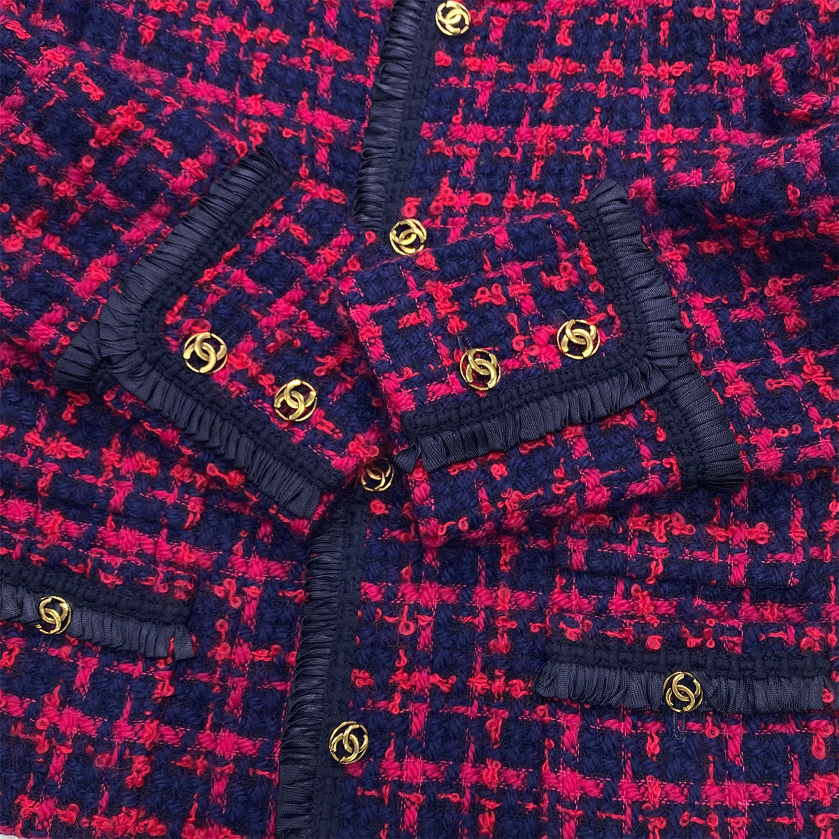 CHANEL VINTAGE JACKET SKIRT SET COCO BUTTON RED TWEED 34 RTW 90284001