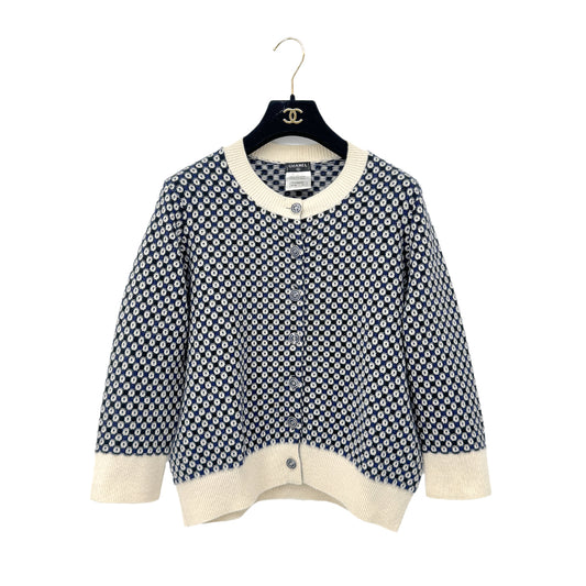 CHANEL COCO BUTTON CARDIGAN  NAVY WHITE CASHMERE 44 P47 RTW 90284003