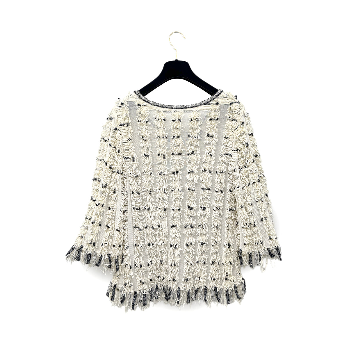 CHANEL VINTAGE FRENGE SUMMER KNIT TOPS WHITE BLACK COTTON 36 P58 RTW 90284006