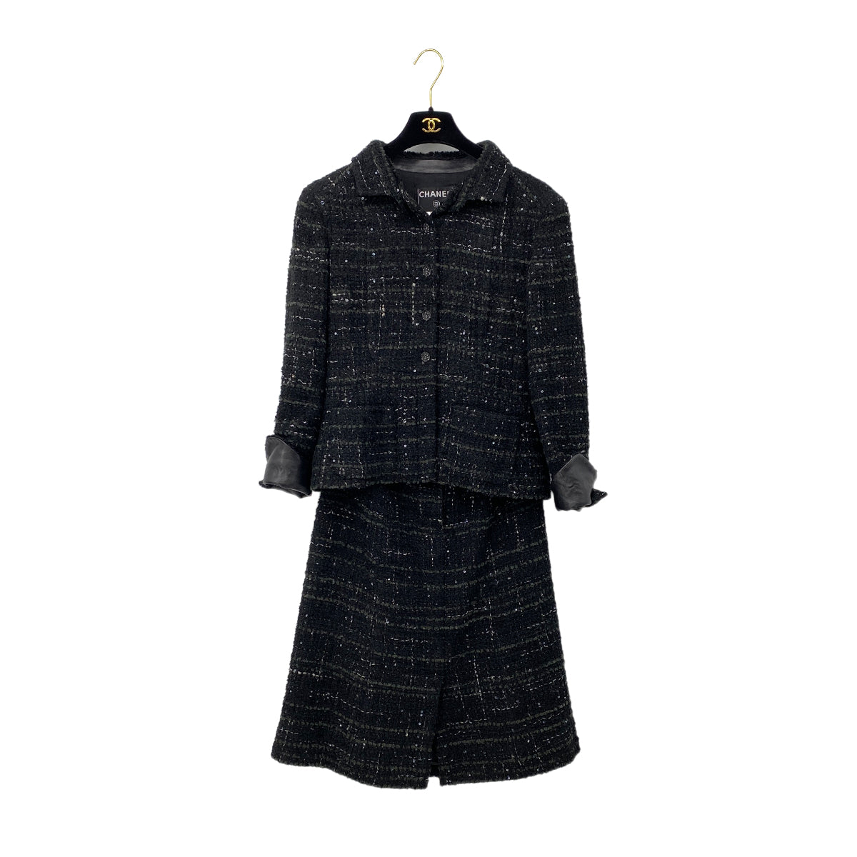CHANEL VINTAGE JACKET SKIRT SET RHINESTONE BUTTON BLACK VISCOSE SEQUINS 40 02A RTW 90284018