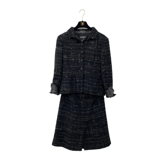 CHANEL VINTAGE JACKET SKIRT SET RHINESTONE BUTTON BLACK VISCOSE SEQUINS 40 02A RTW 90284018