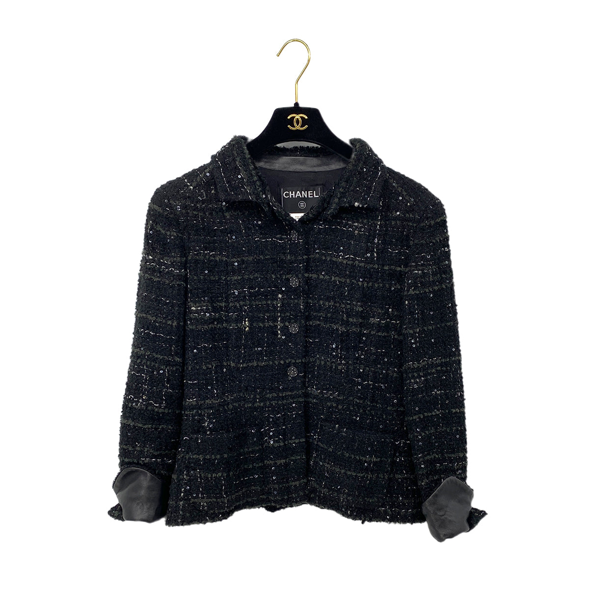 CHANEL VINTAGE JACKET SKIRT SET RHINESTONE BUTTON BLACK VISCOSE SEQUINS 40 02A RTW 90284018