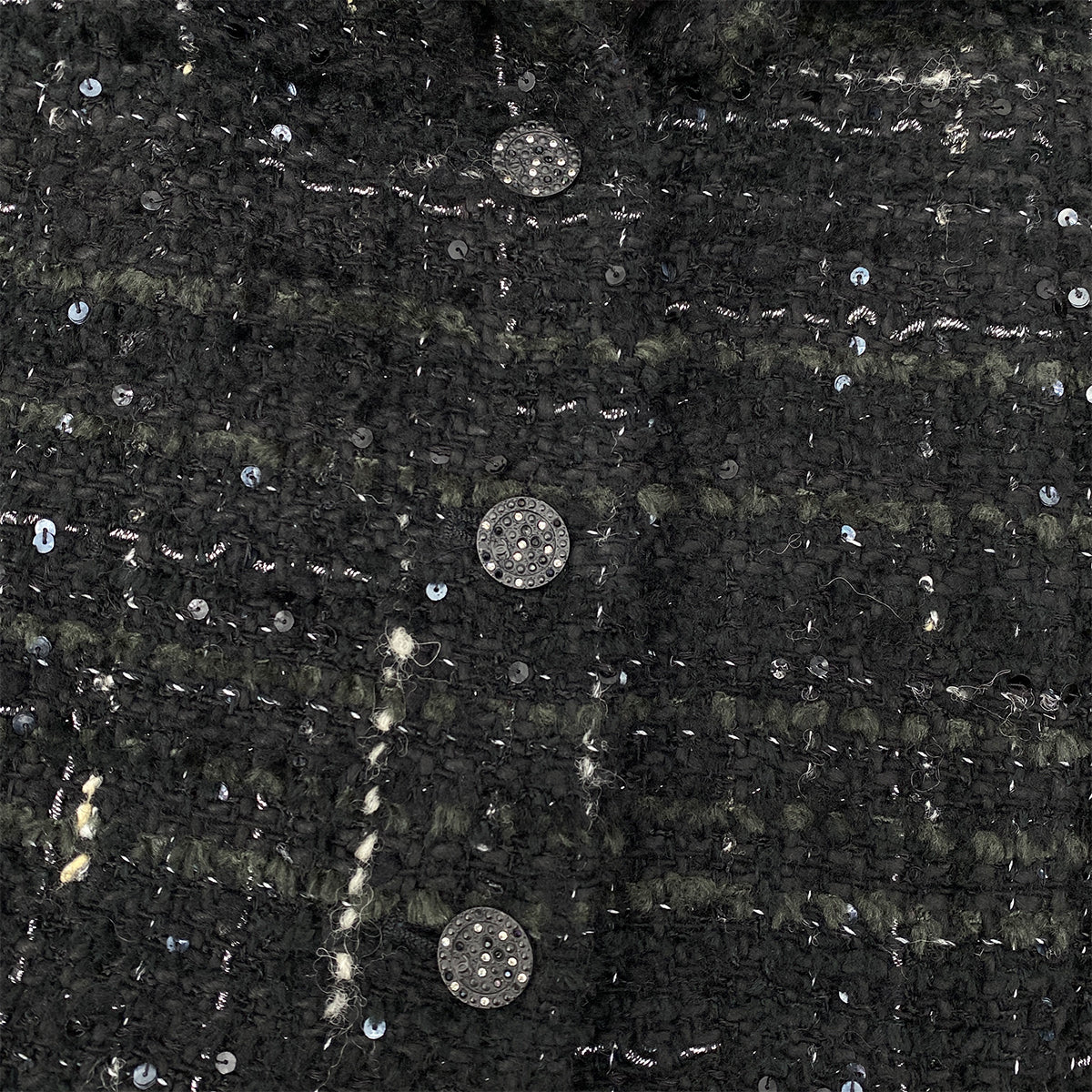 CHANEL VINTAGE JACKET SKIRT SET RHINESTONE BUTTON BLACK VISCOSE SEQUINS 40 02A RTW 90284018