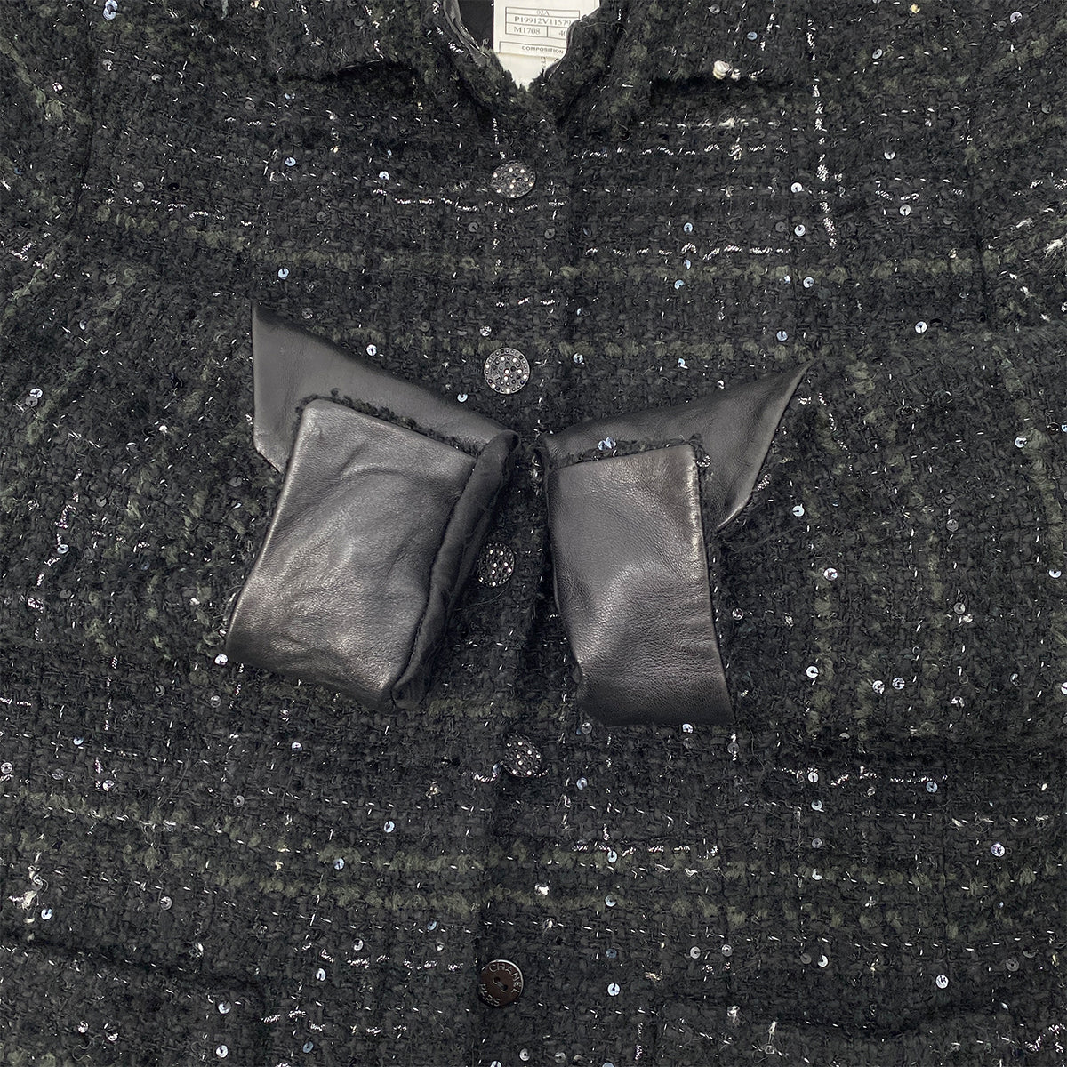 CHANEL VINTAGE JACKET SKIRT SET RHINESTONE BUTTON BLACK VISCOSE SEQUINS 40 02A RTW 90284018