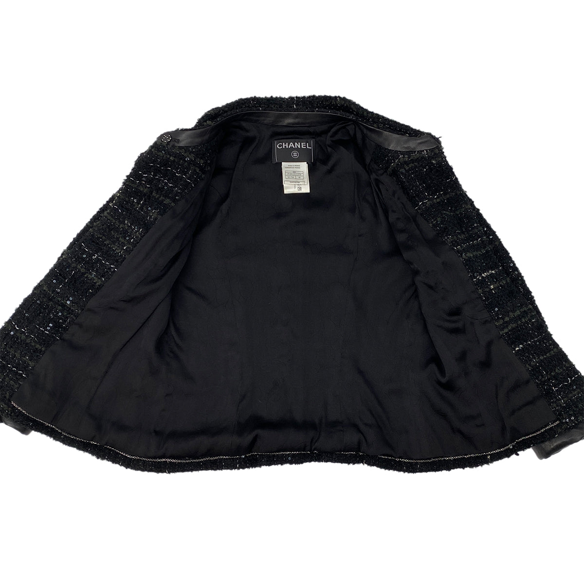 CHANEL VINTAGE JACKET SKIRT SET RHINESTONE BUTTON BLACK VISCOSE SEQUINS 40 02A RTW 90284018