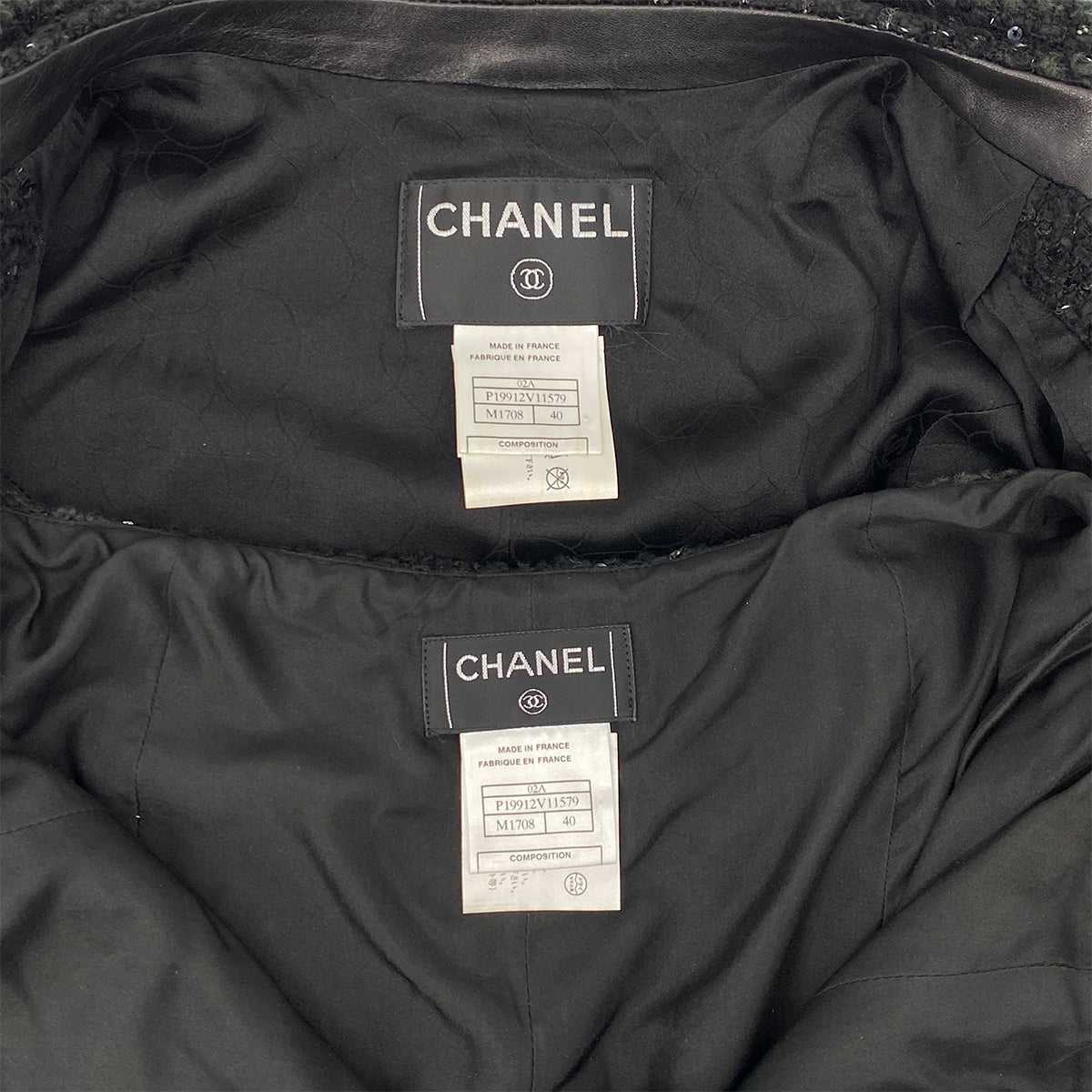 CHANEL VINTAGE JACKET SKIRT SET RHINESTONE BUTTON BLACK VISCOSE SEQUINS 40 02A RTW 90284018