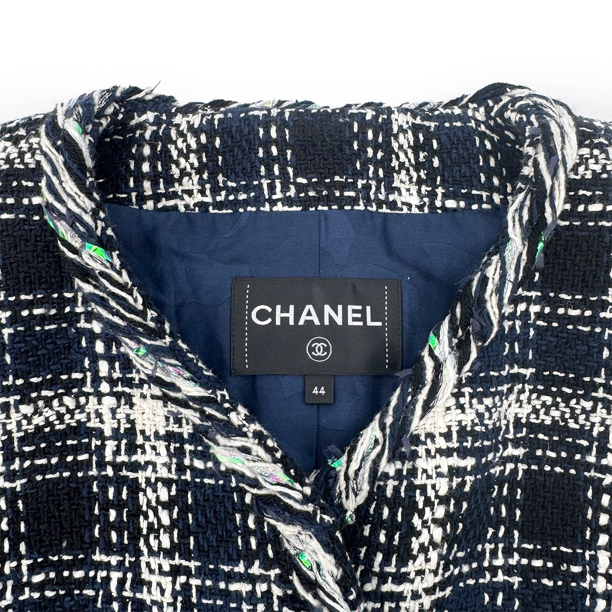 CHANEL VINTAGE TWEED JACKET NAVY WHITE 44 P58 RTW 90284023