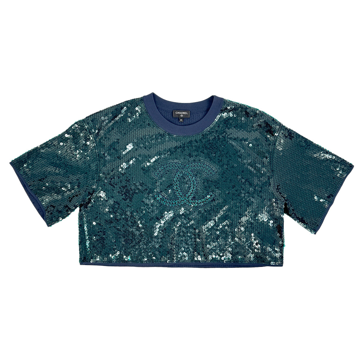 CHANEL VINTAGE COCOMARK SEQUINS TOPS GREEN NAVY RAYON 34 P74 RTW 90284025