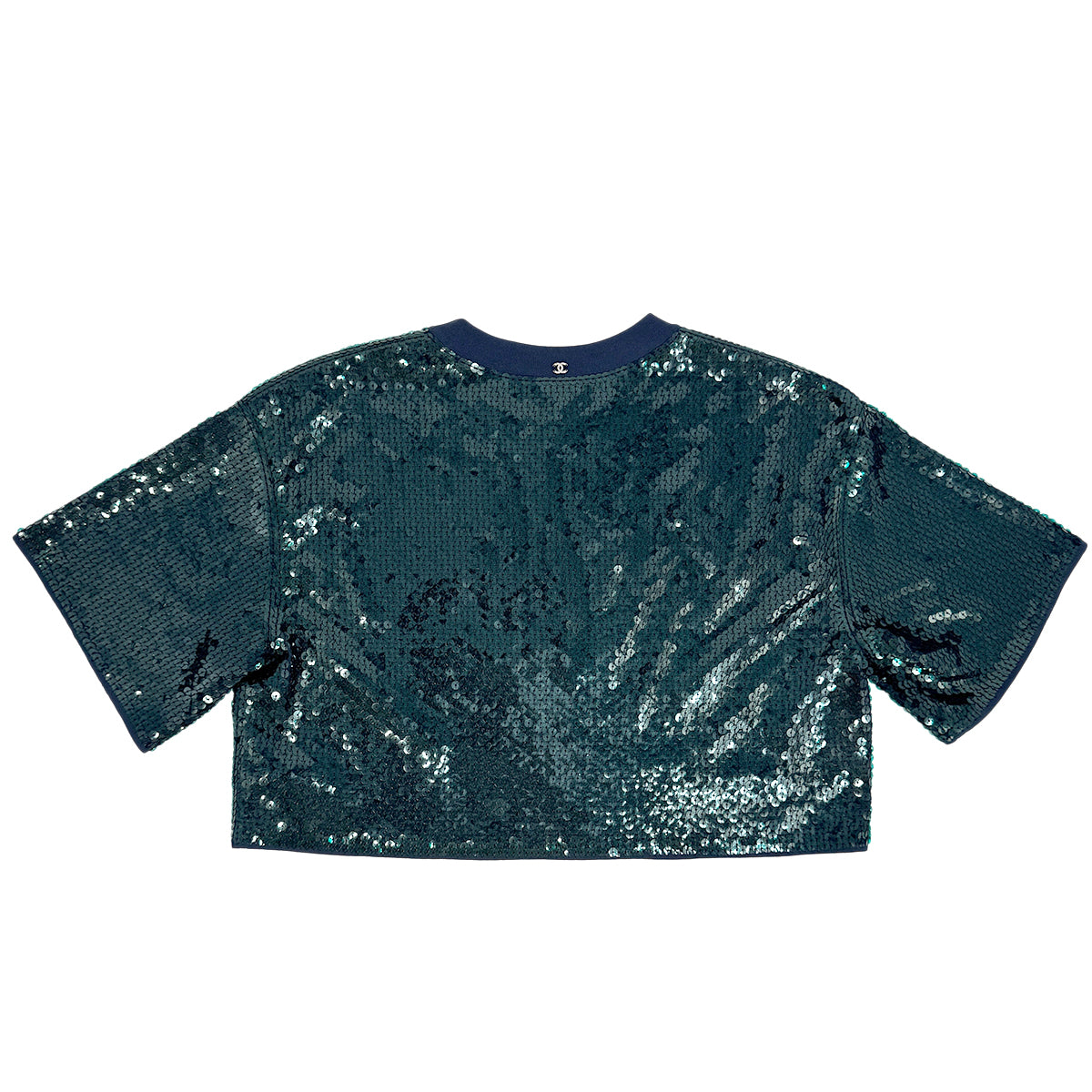 CHANEL VINTAGE COCOMARK SEQUINS TOPS GREEN NAVY RAYON 34 P74 RTW 90284025