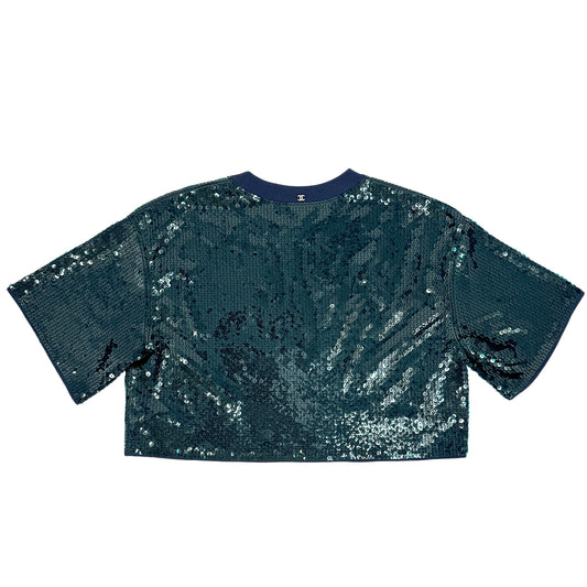 CHANEL VINTAGE COCOMARK SEQUINS TOPS GREEN NAVY RAYON 34 P74 RTW 90284025