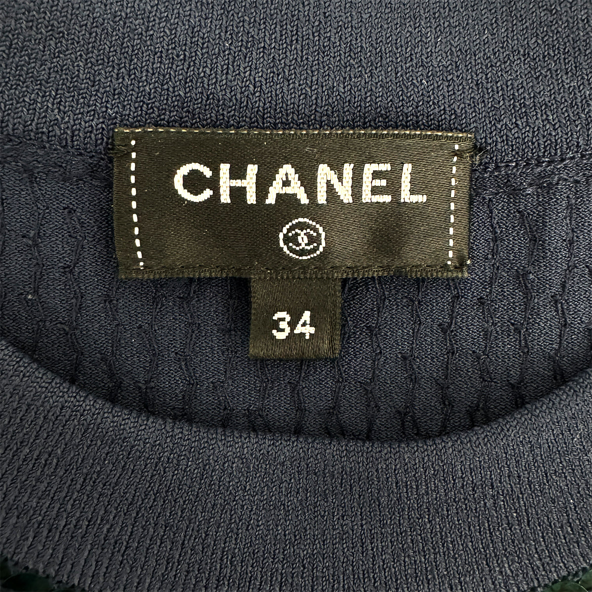 CHANEL VINTAGE COCOMARK SEQUINS TOPS GREEN NAVY RAYON 34 P74 RTW 90284025
