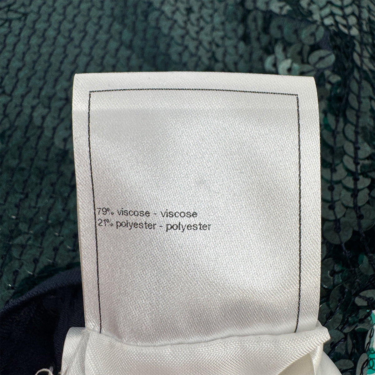 CHANEL VINTAGE COCOMARK SEQUINS TOPS GREEN NAVY RAYON 34 P74 RTW 90284025