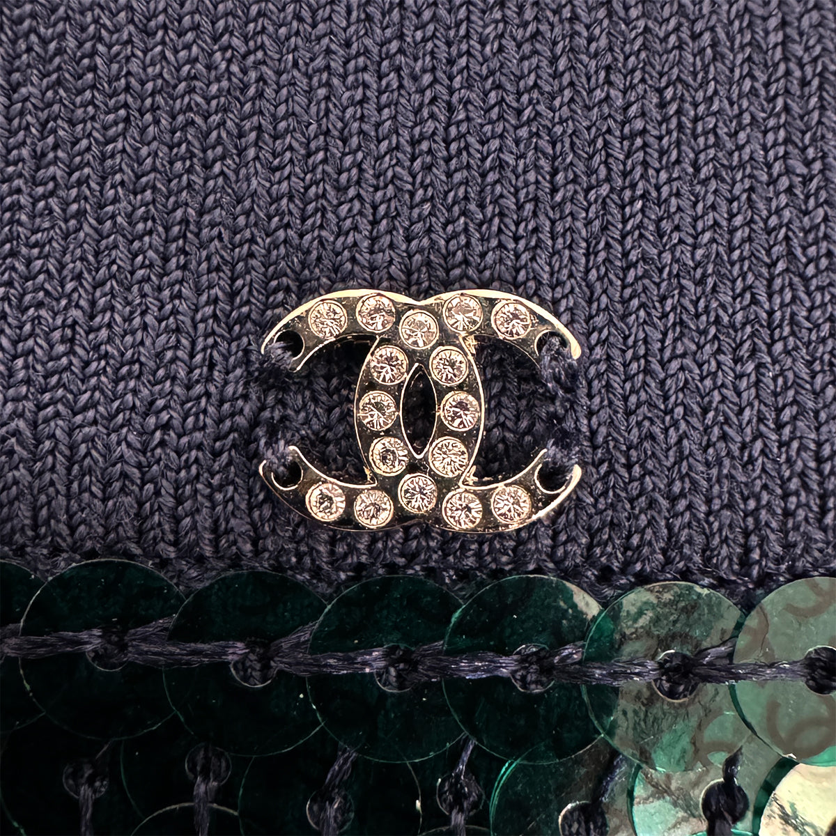 CHANEL VINTAGE COCOMARK SEQUINS TOPS GREEN NAVY RAYON 34 P74 RTW 90284025