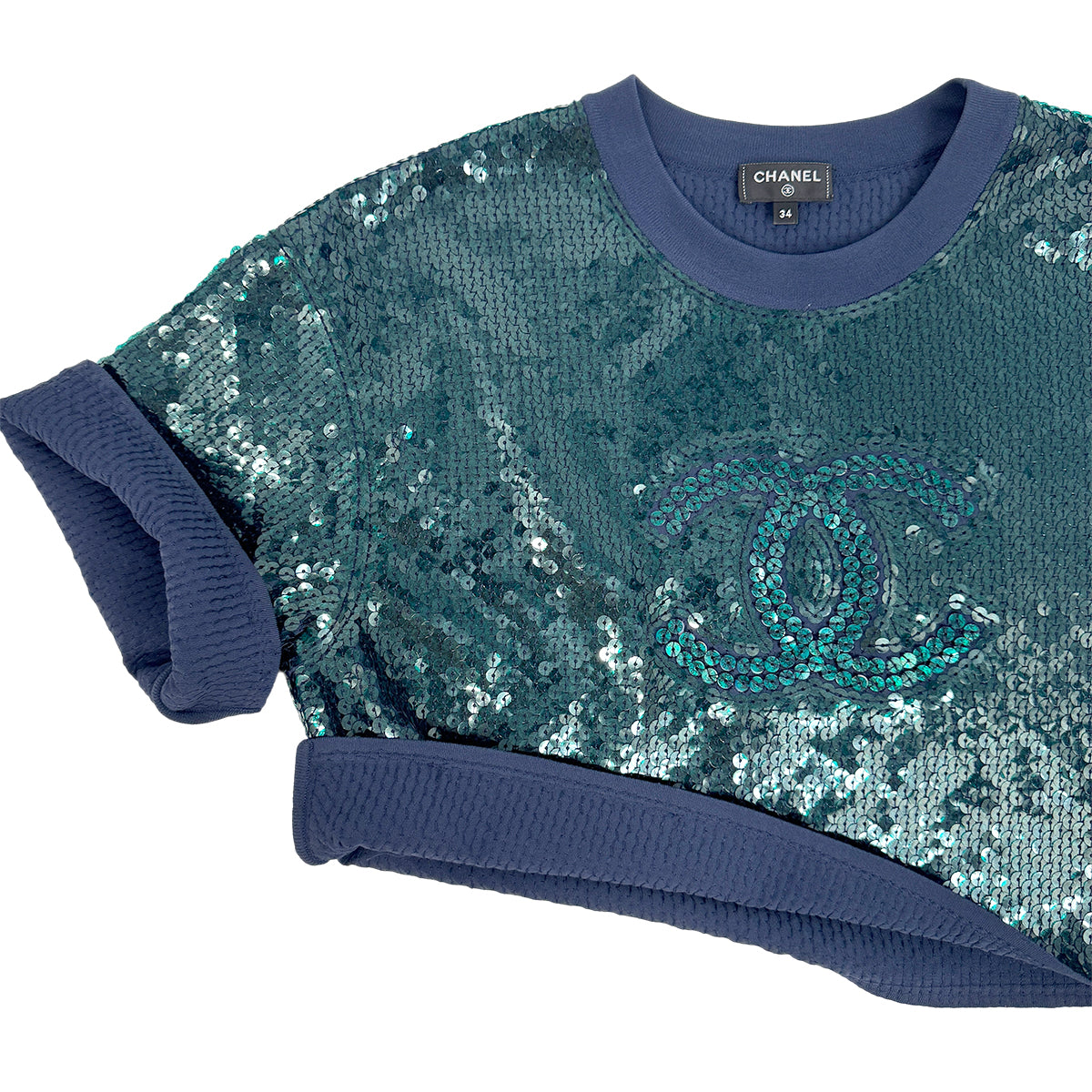 CHANEL VINTAGE COCOMARK SEQUINS TOPS GREEN NAVY RAYON 34 P74 RTW 90284025