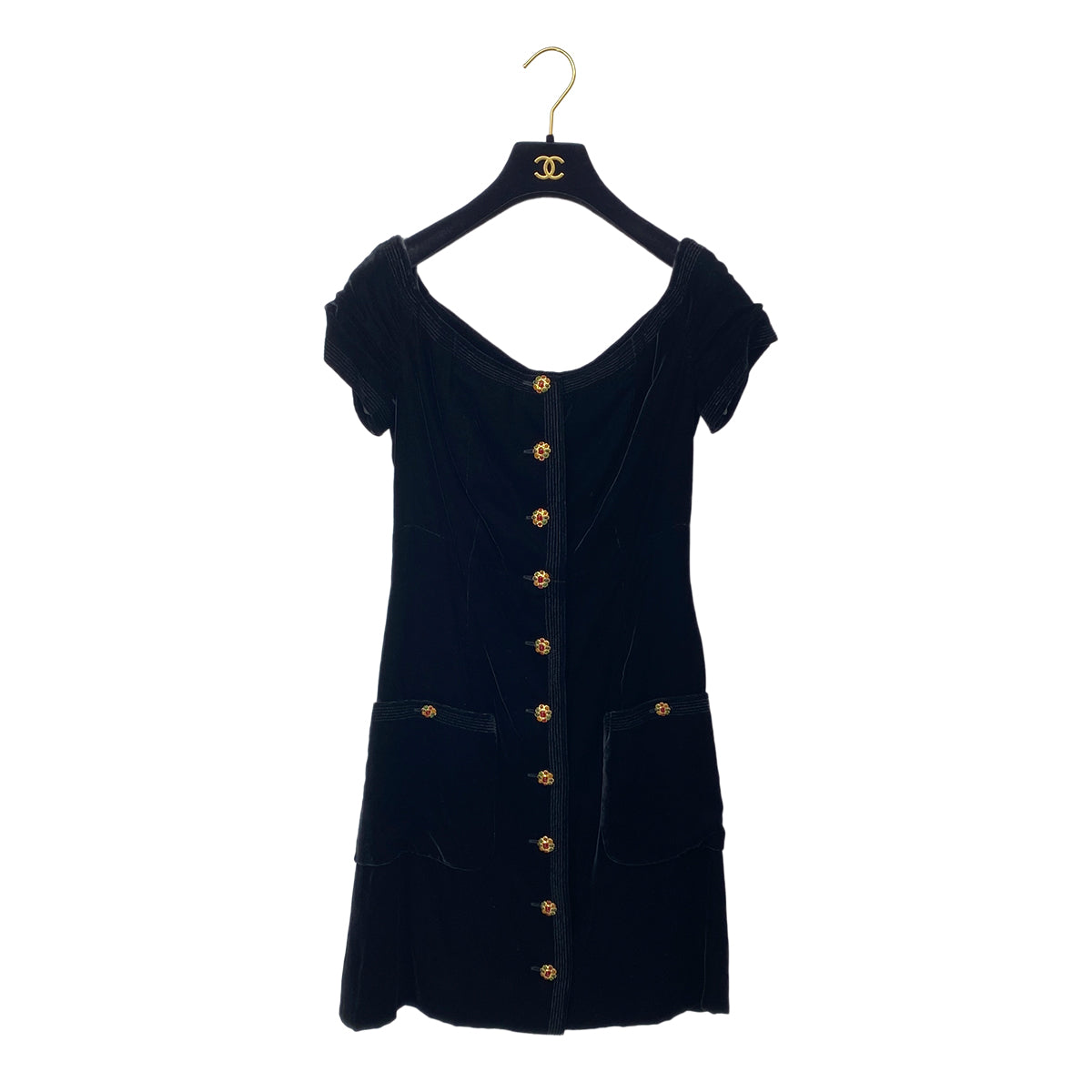 CHANEL VINTAGE GRIPOIX BUTTON DRESS BLACK VELOR 36 96A RTW 90284030