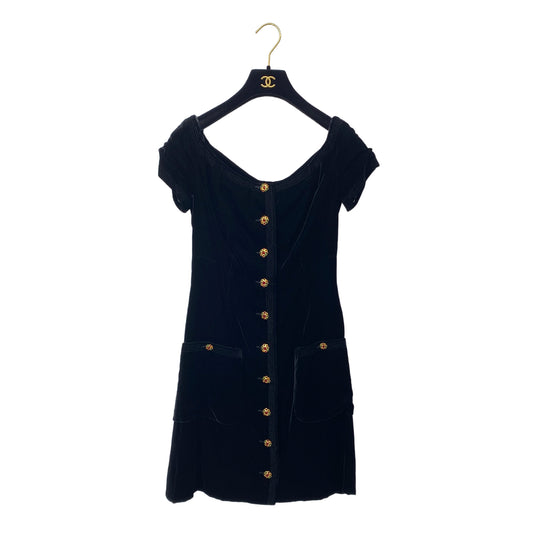 CHANEL VINTAGE GRIPOIX BUTTON DRESS BLACK VELOR 36 96A RTW 90284030
