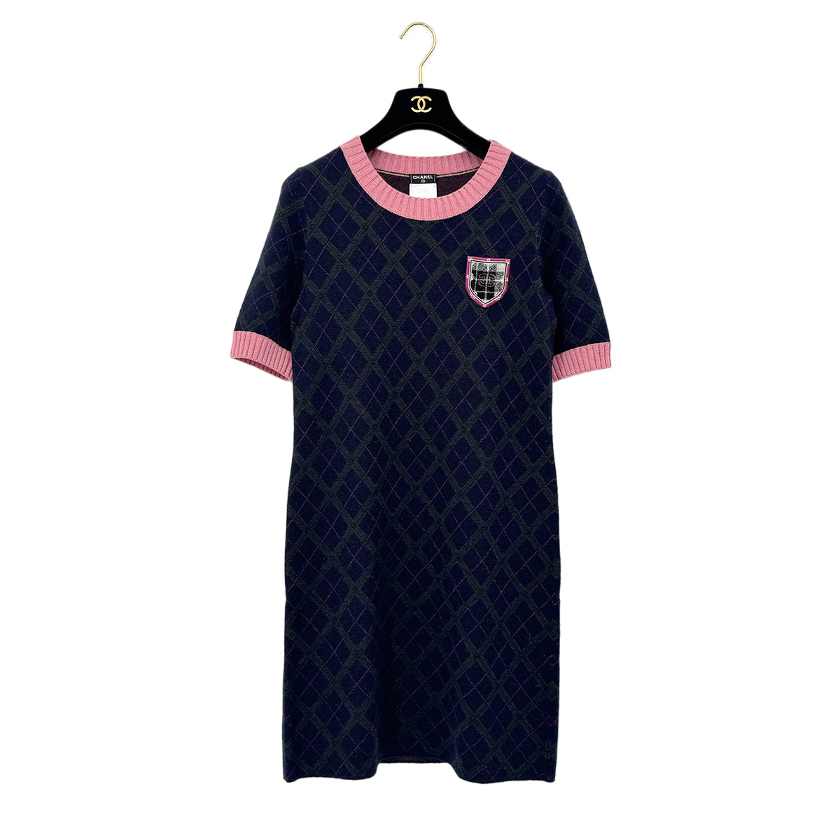 CHANEL VINTAGE COCOMARK PATCH DRESS NAVY PINK GREEN CASHMERE 38 P46 RTW 90284031
