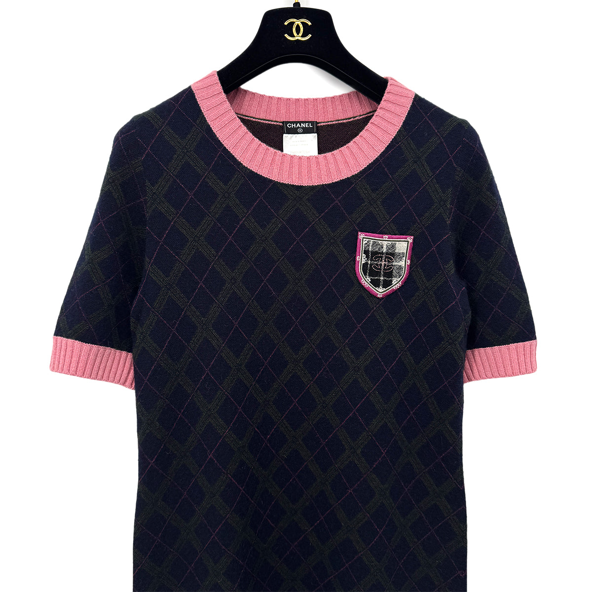 CHANEL VINTAGE COCOMARK PATCH DRESS NAVY PINK GREEN CASHMERE 38 P46 RTW 90284031