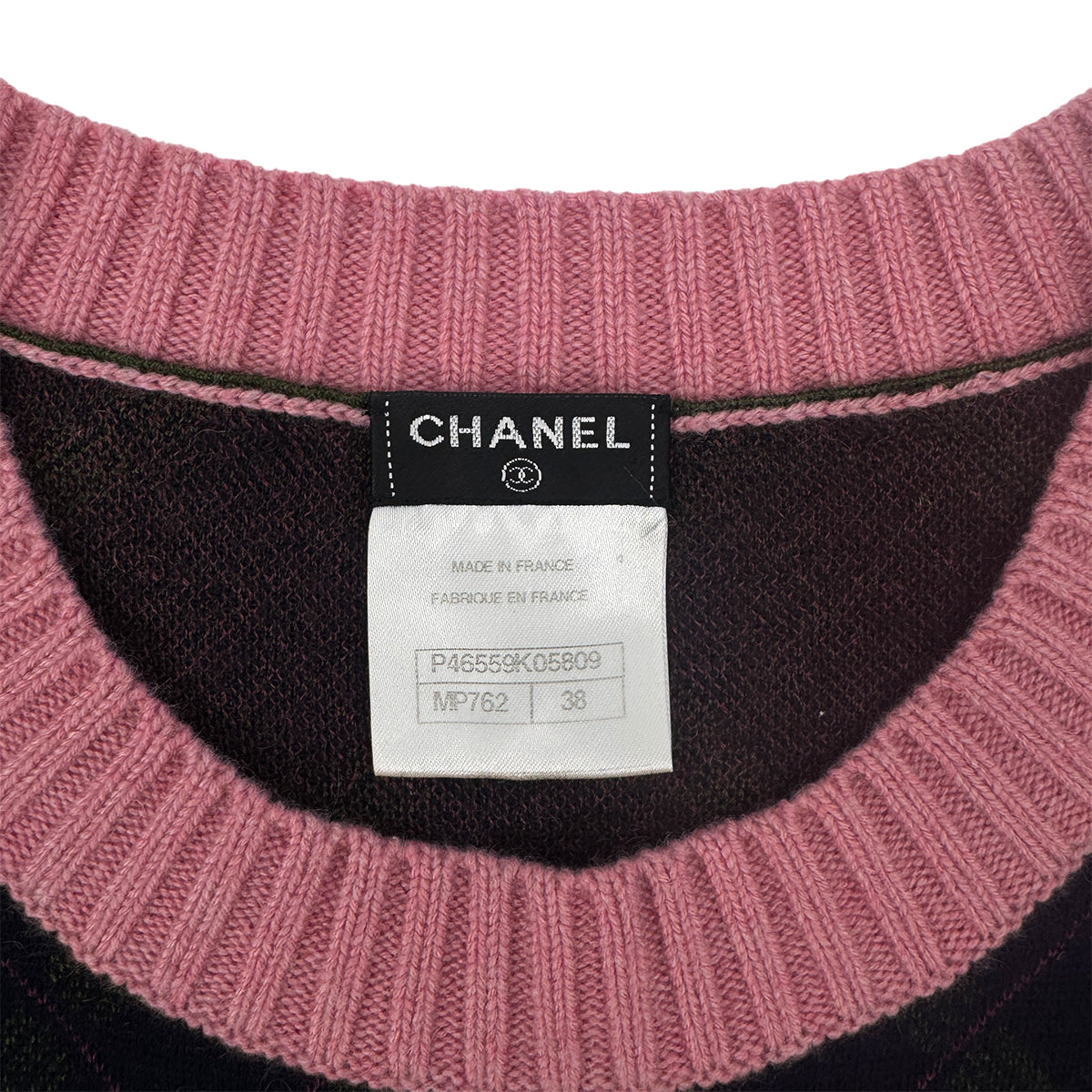 CHANEL VINTAGE COCOMARK PATCH DRESS NAVY PINK GREEN CASHMERE 38 P46 RTW 90284031
