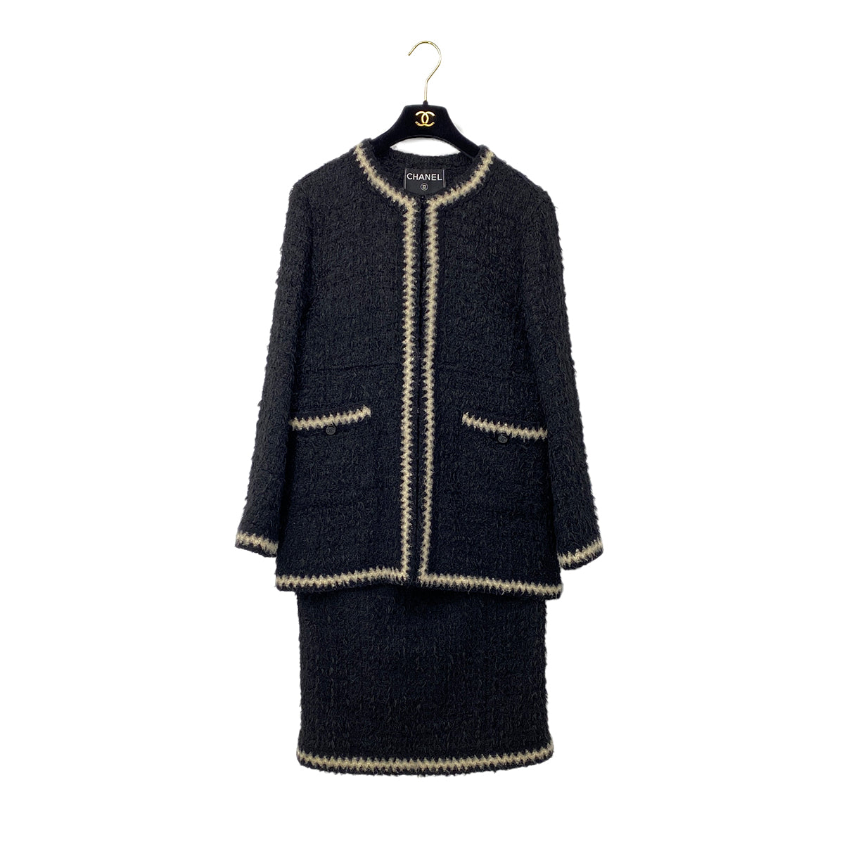 CHANEL VINTAGE JACKET SKIRT SET COCO BUTTON BLACK POLYESTER 42 98A RTW 90284035