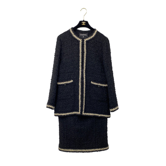 CHANEL VINTAGE JACKET SKIRT SET COCO BUTTON BLACK POLYESTER 42 98A RTW 90284035