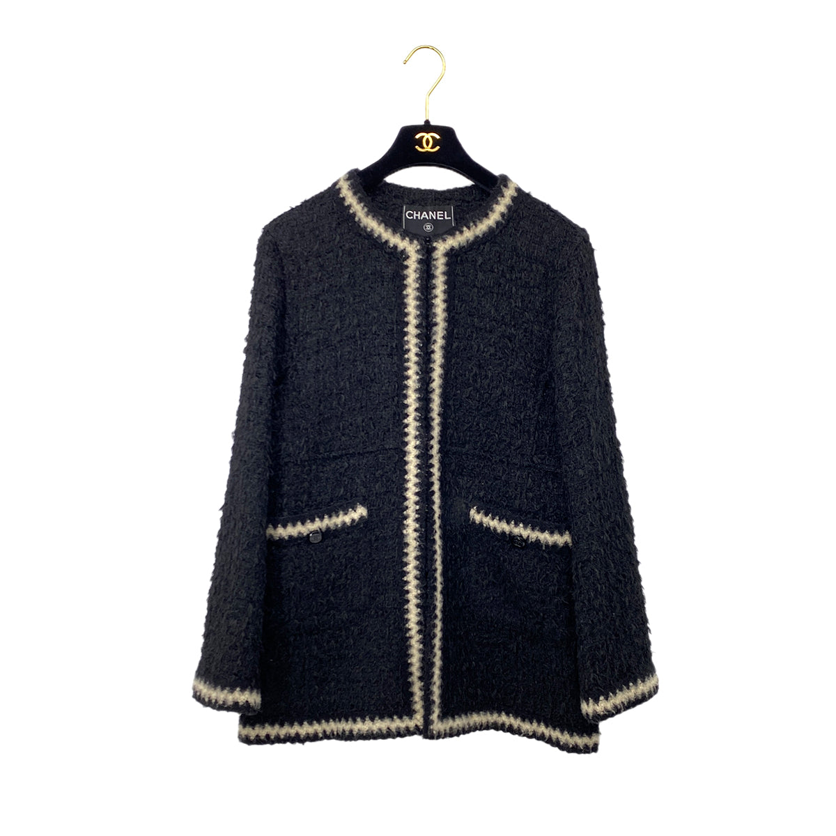 CHANEL VINTAGE JACKET SKIRT SET COCO BUTTON BLACK POLYESTER 42 98A RTW 90284035