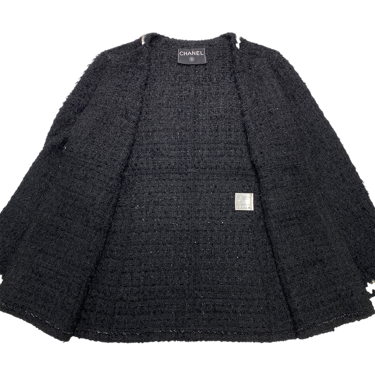 CHANEL VINTAGE JACKET SKIRT SET COCO BUTTON BLACK POLYESTER 42 98A RTW 90284035