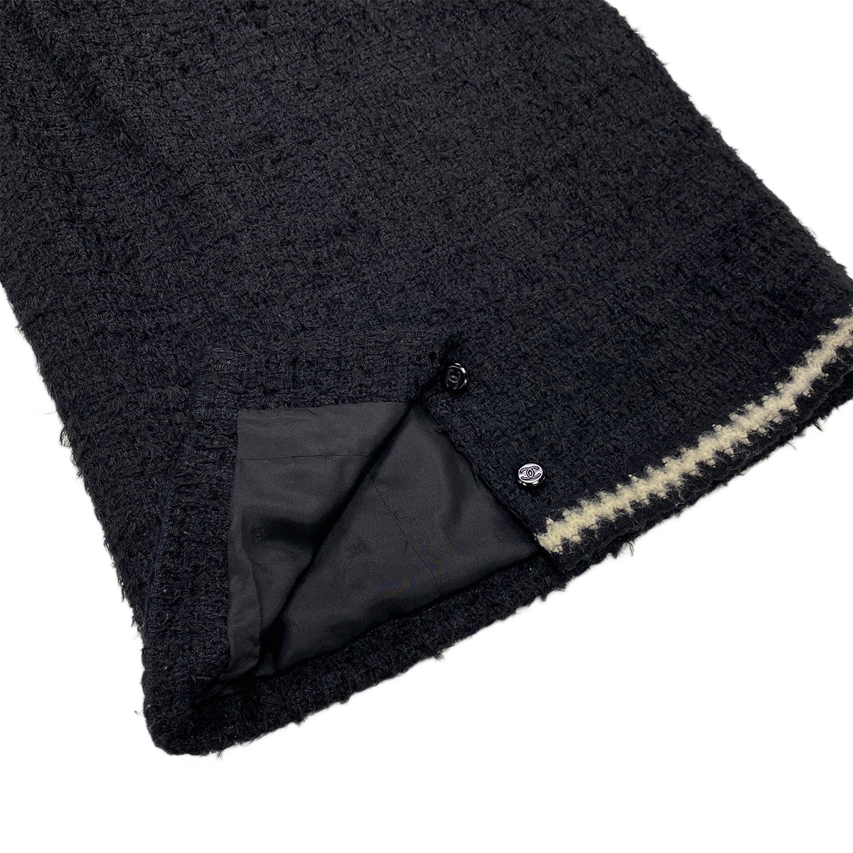 CHANEL VINTAGE JACKET SKIRT SET COCO BUTTON BLACK POLYESTER 42 98A RTW 90284035