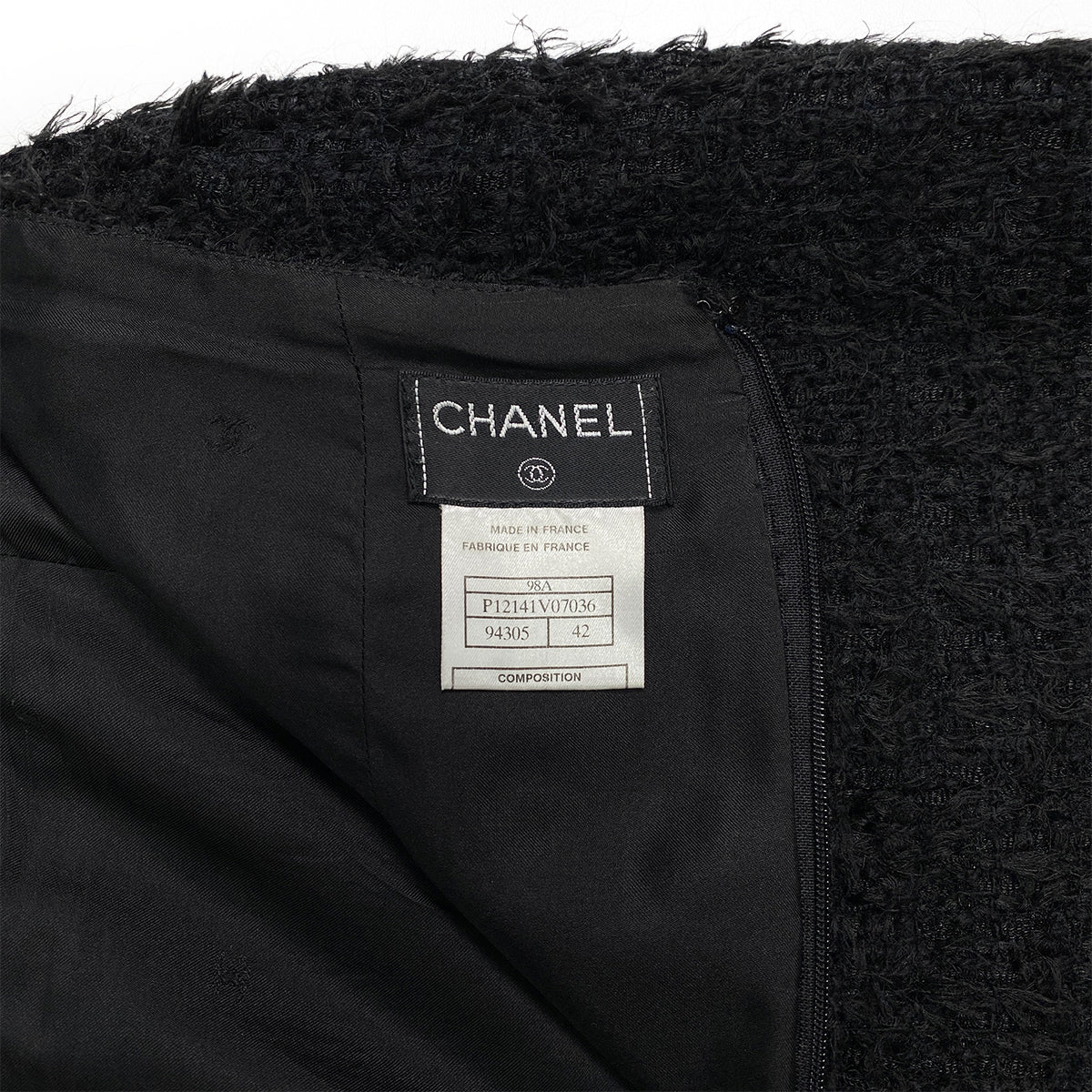 CHANEL VINTAGE JACKET SKIRT SET COCO BUTTON BLACK POLYESTER 42 98A RTW 90284035