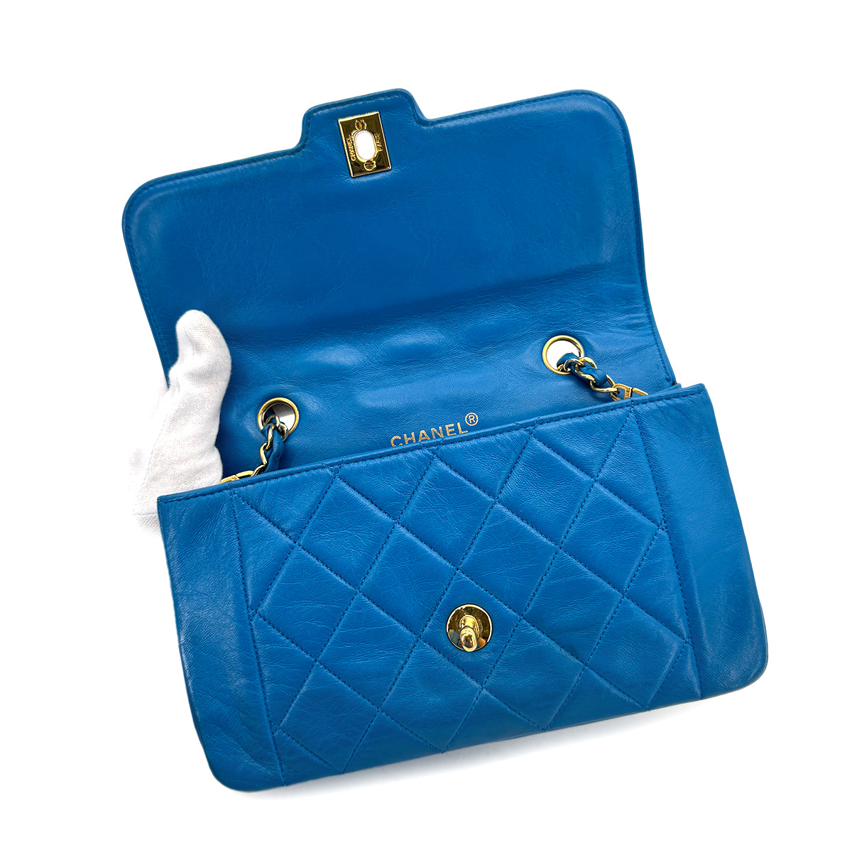 CHANEL VINTAGE MATELASSE SMALL CHAIN SHOULDER BAG BLUE LAMB SKIN 90284154