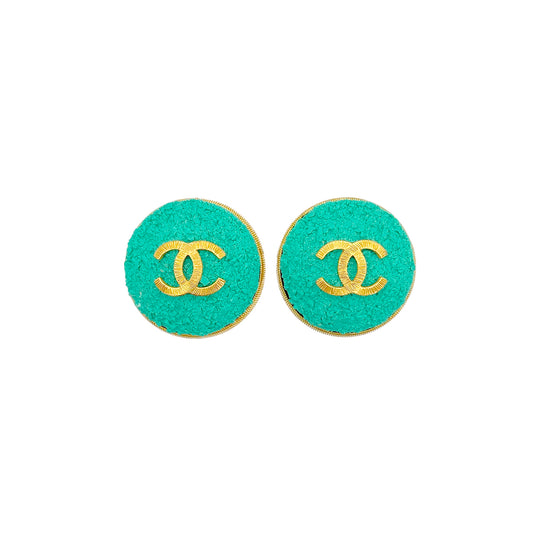 CHANEL VINTAGE EARRINGS COCOMARK GREEN ROUND ACCESSORY 93C 90284391
