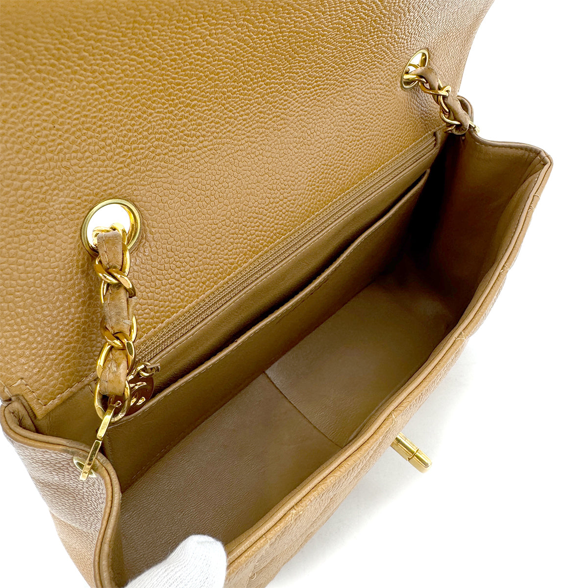 CHANEL VINTAGE MATELASSE CHAIN SHOULDER BAG BEIGE CAVIAR SKIN 90284398